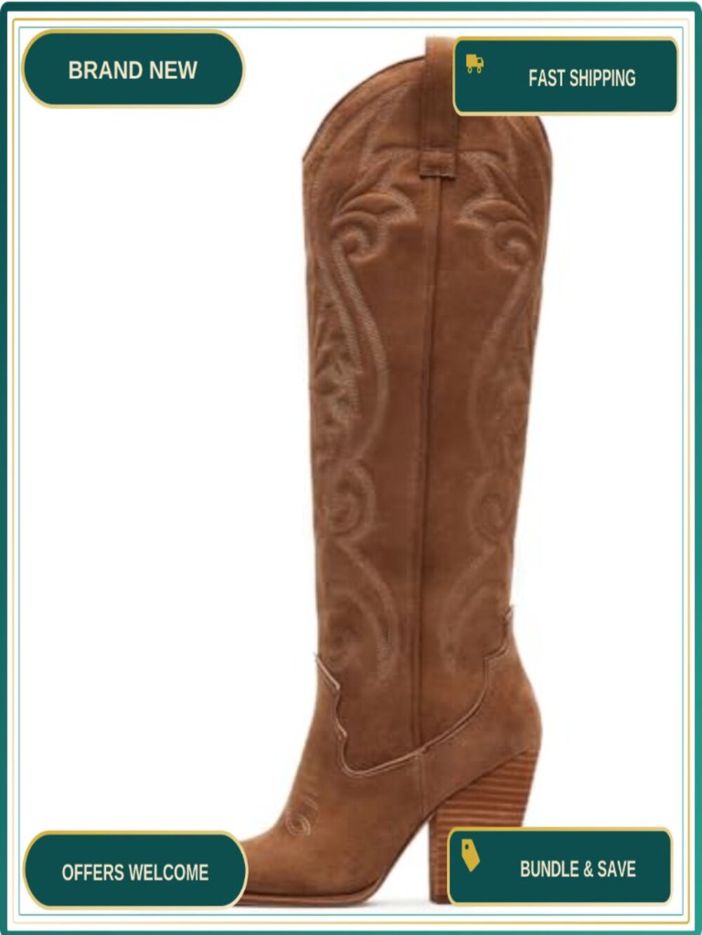 Knee High Cowboy Boots Pointed Toe Chunky High Heels Pull-on Embroidered